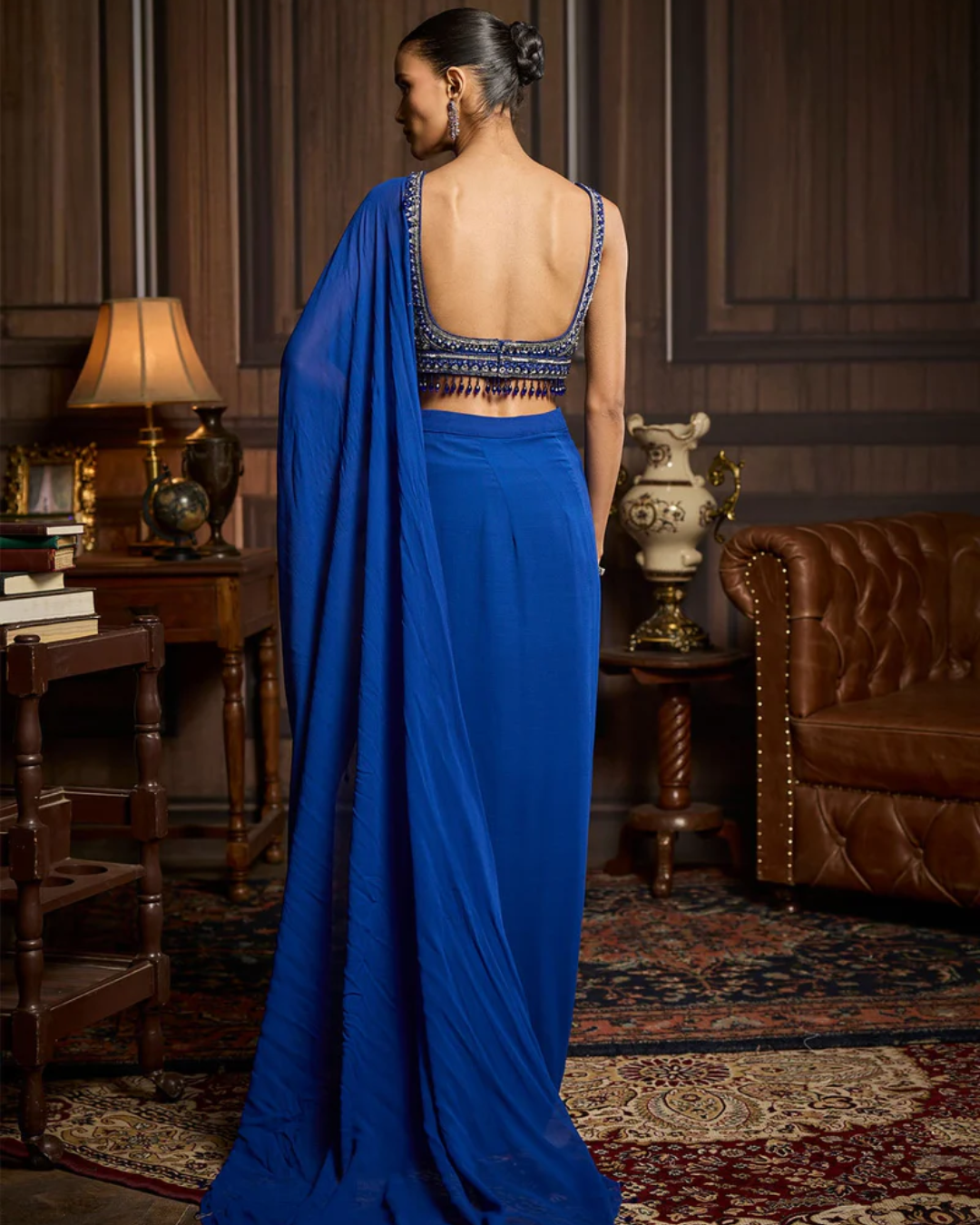 Diya Rajvvir - Electric Blue Embellished Blouse And Pre-Draped Dhoti Saree Set from Taara