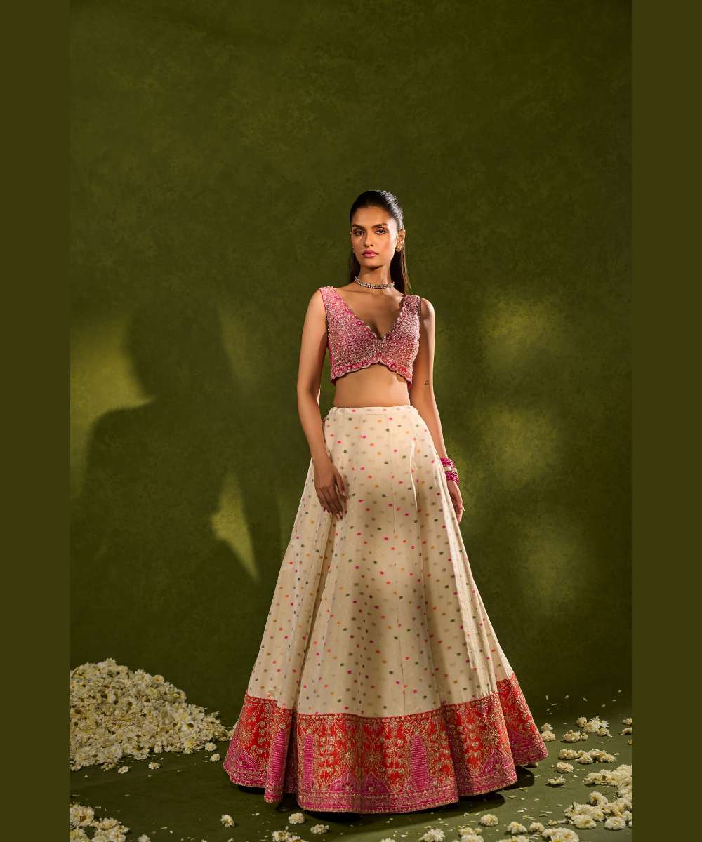 ANVI LEHENGA - Ivory multicolour tissue jamewar lehenga with finely embroidered applique and zari -  Leher by Chamee and Palak