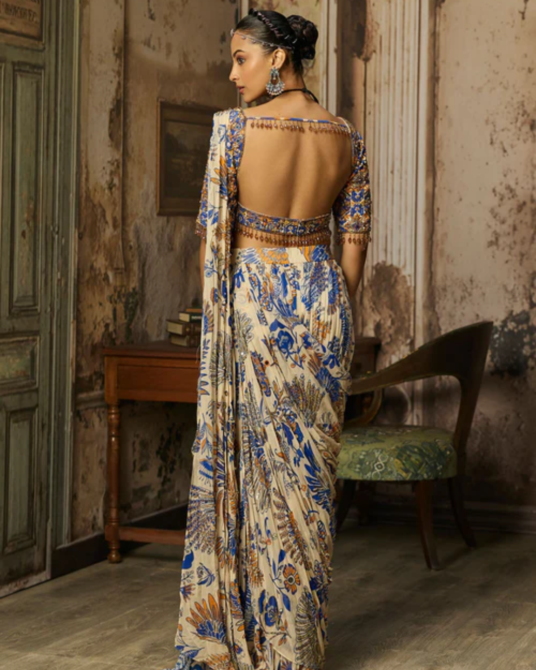 Diya Rajvvir - Ivory Printed And Highlighted Tiered Skirt Saree Set from Bahaar