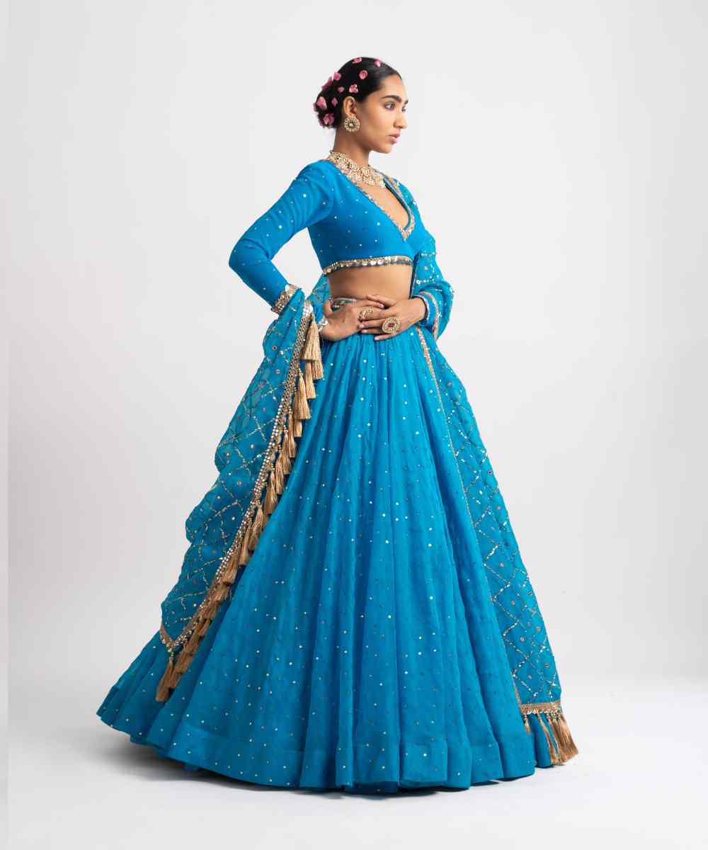 Firozi Silk Organza Heavy Dupatta Lehenga Set - Collection name Rang by Vvani vats
