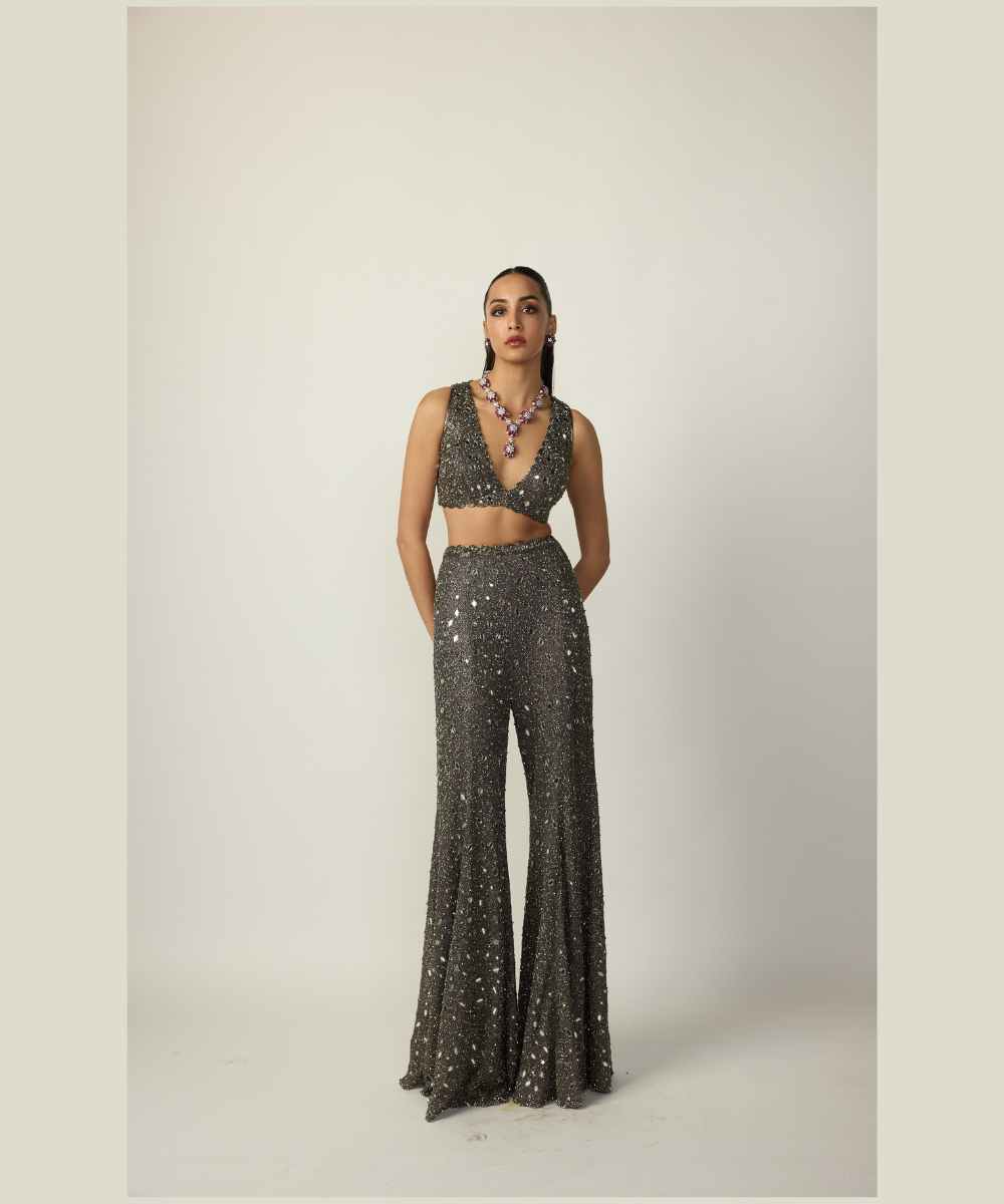 Metallic Grey Blouse Sharara Pant Set