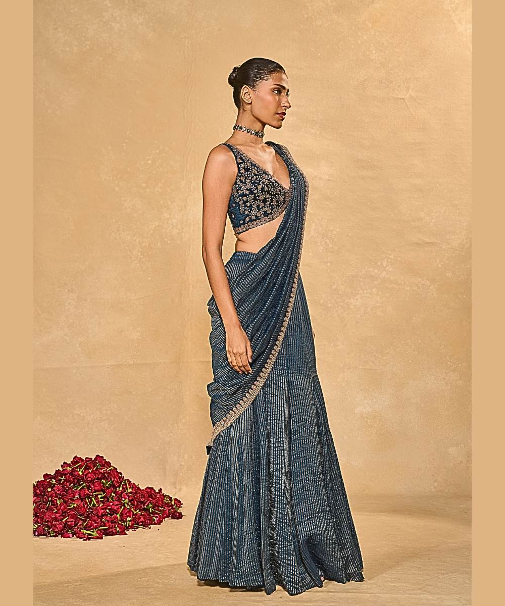 KAVYA SAREE - Saree with an exquisitely embellished floral border paired with a plunge V-neck velvet - Leher by Chamee and Palak