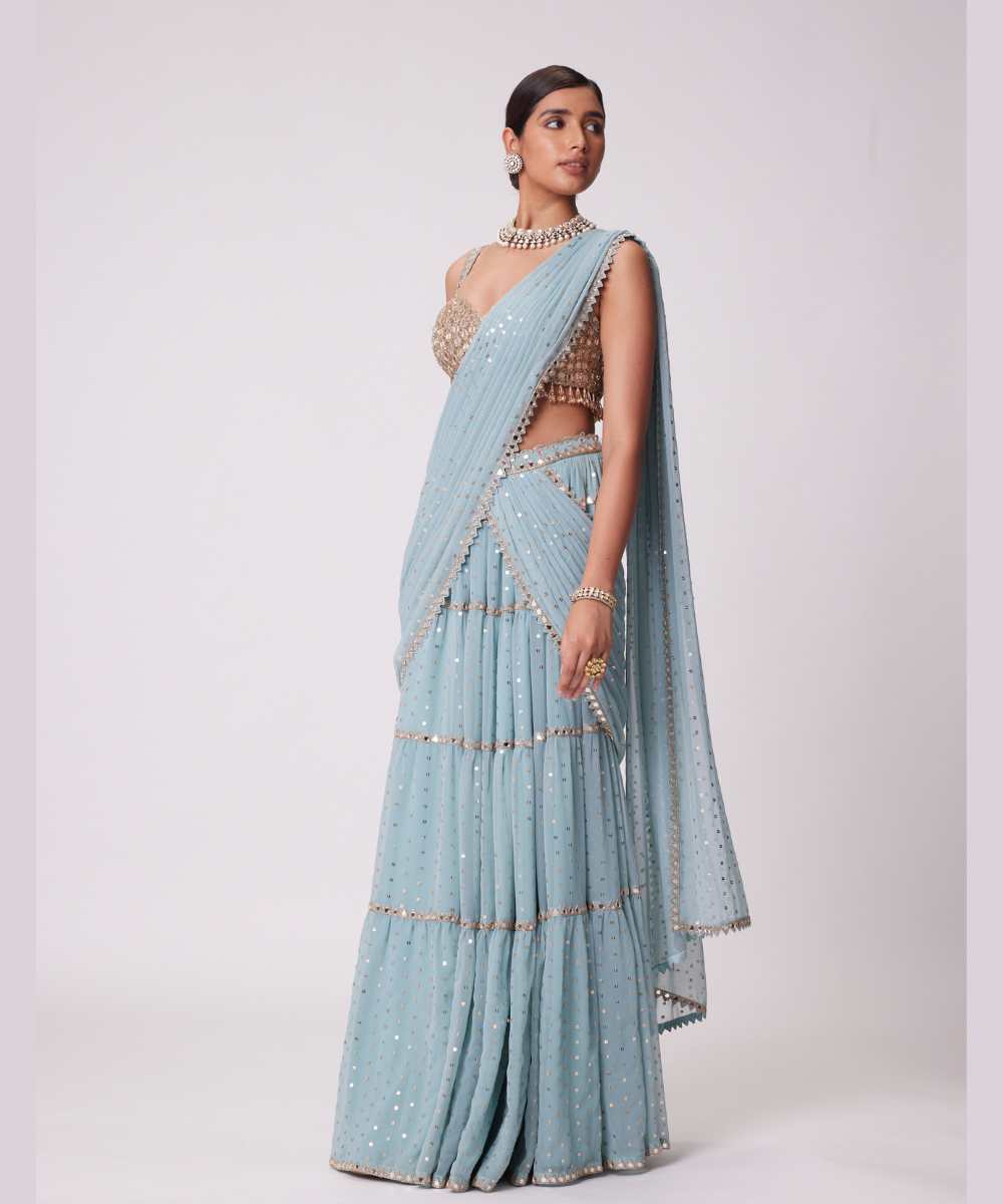 POWDER BLUE MULTI TIER SAREE SET -  Collection name Jugmug Bride by Vvani Vats