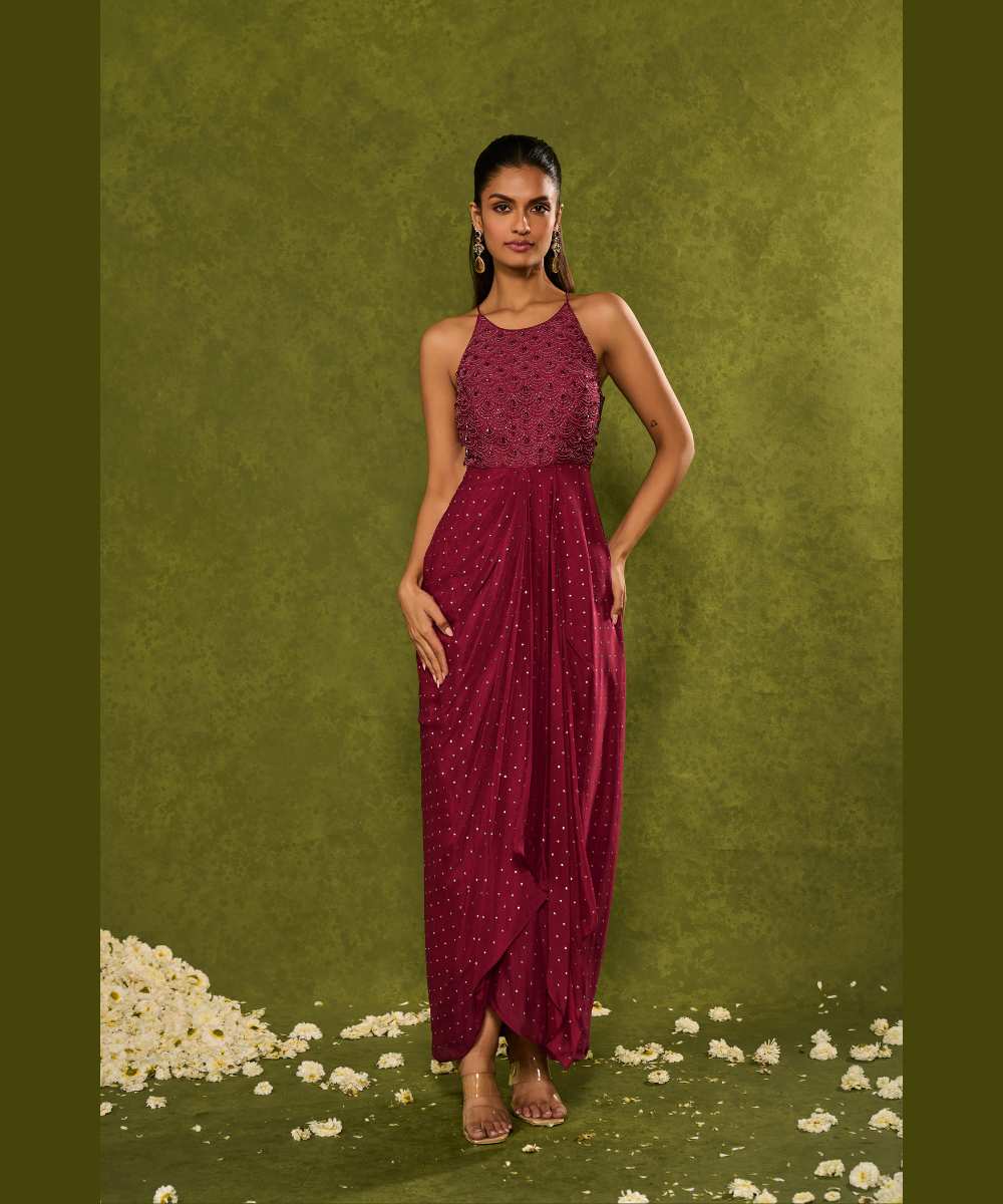 JASMINE COWL DRESS - Cascade gown with a delicately embellished halter-neck bodice - Leher by Chamee and Palak