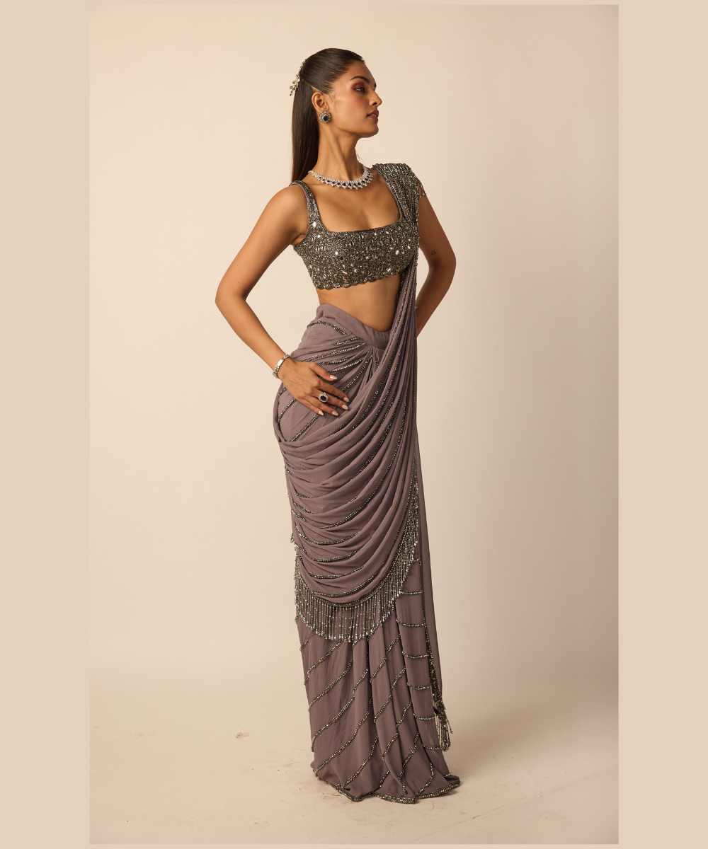 Metallic Grey Linear Draped Saree