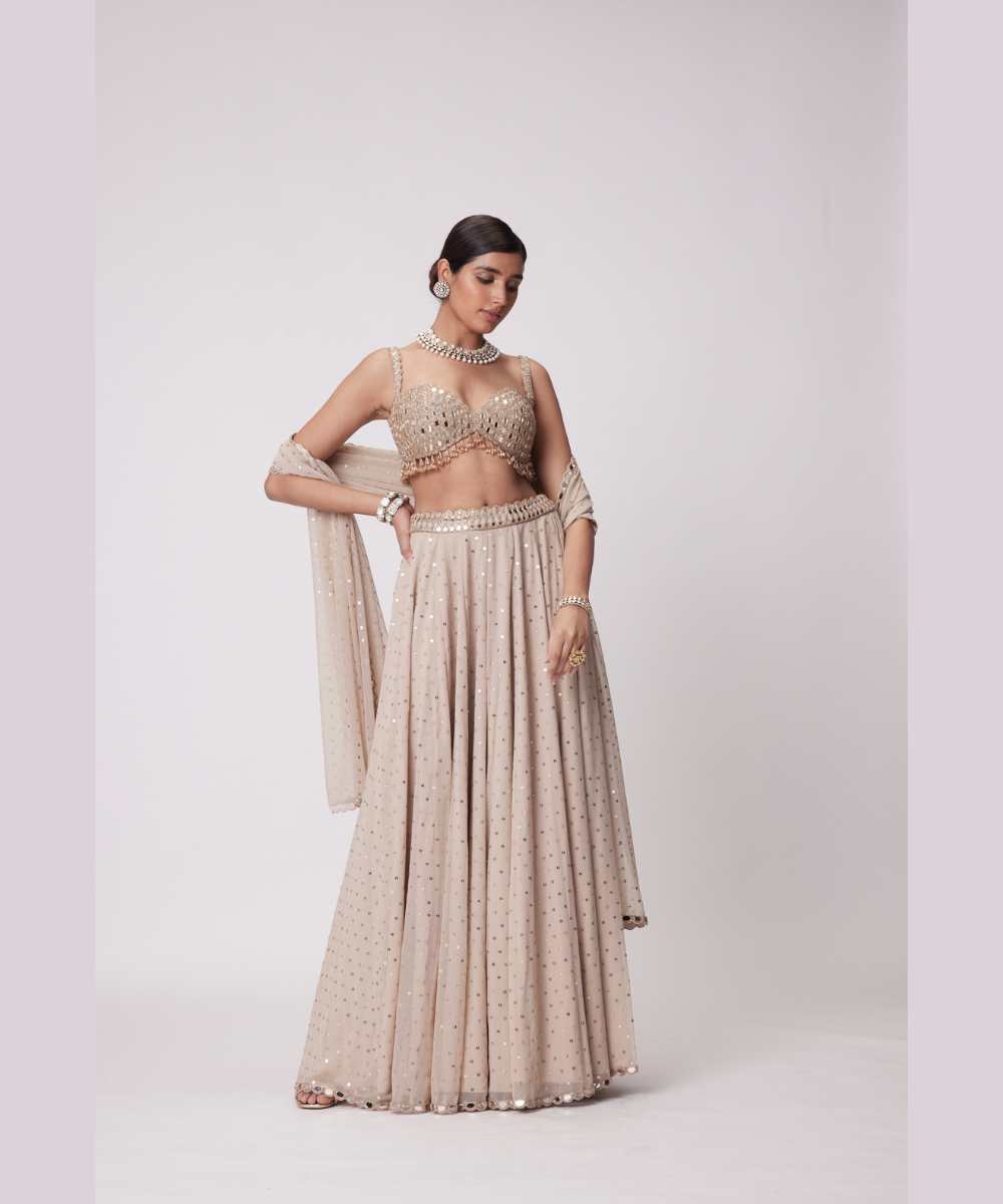 LIGHT BEIGE GEORGETTE LEHENGA PANTS SET - Jugmug Bride by Vvani Vats