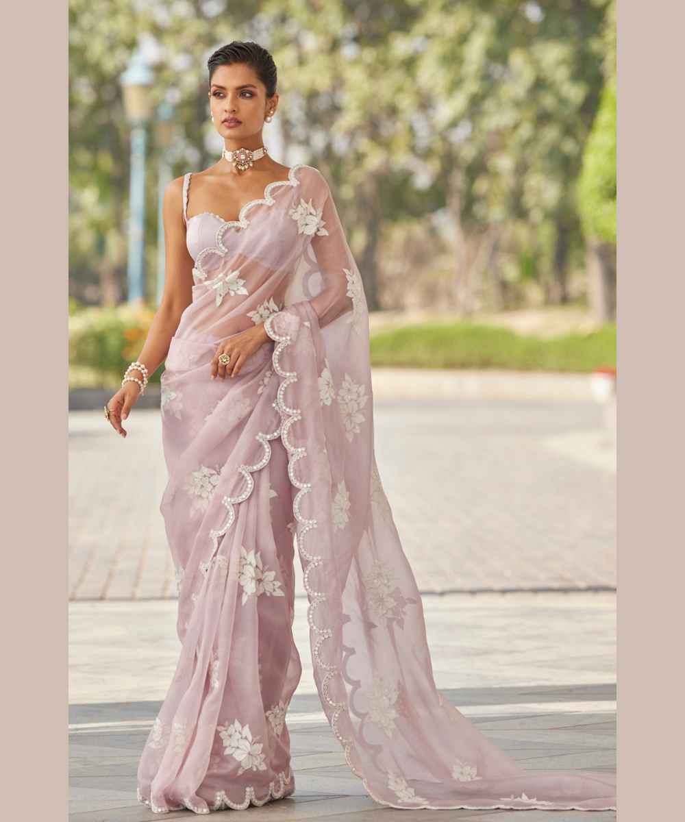 Powder Lilac Flower Saree Set