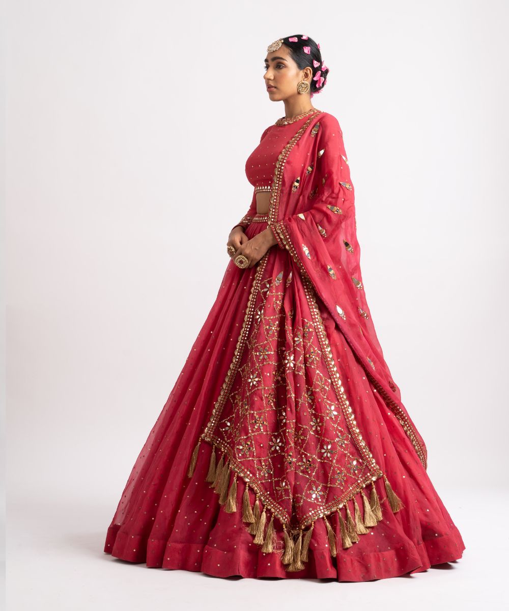 Deep Coral Silk Organza Heavy Dupatta Lehenga Set - Collection name Rang by  Vvani vats