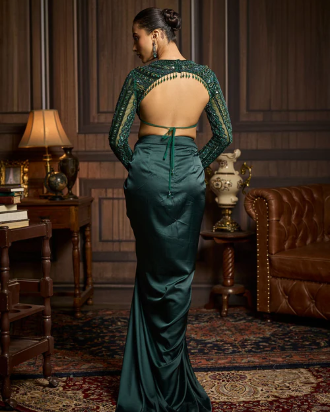 Diya Rajvvir - Emerald Green Embroidered Blouse And Draped Skirt Set from Taara