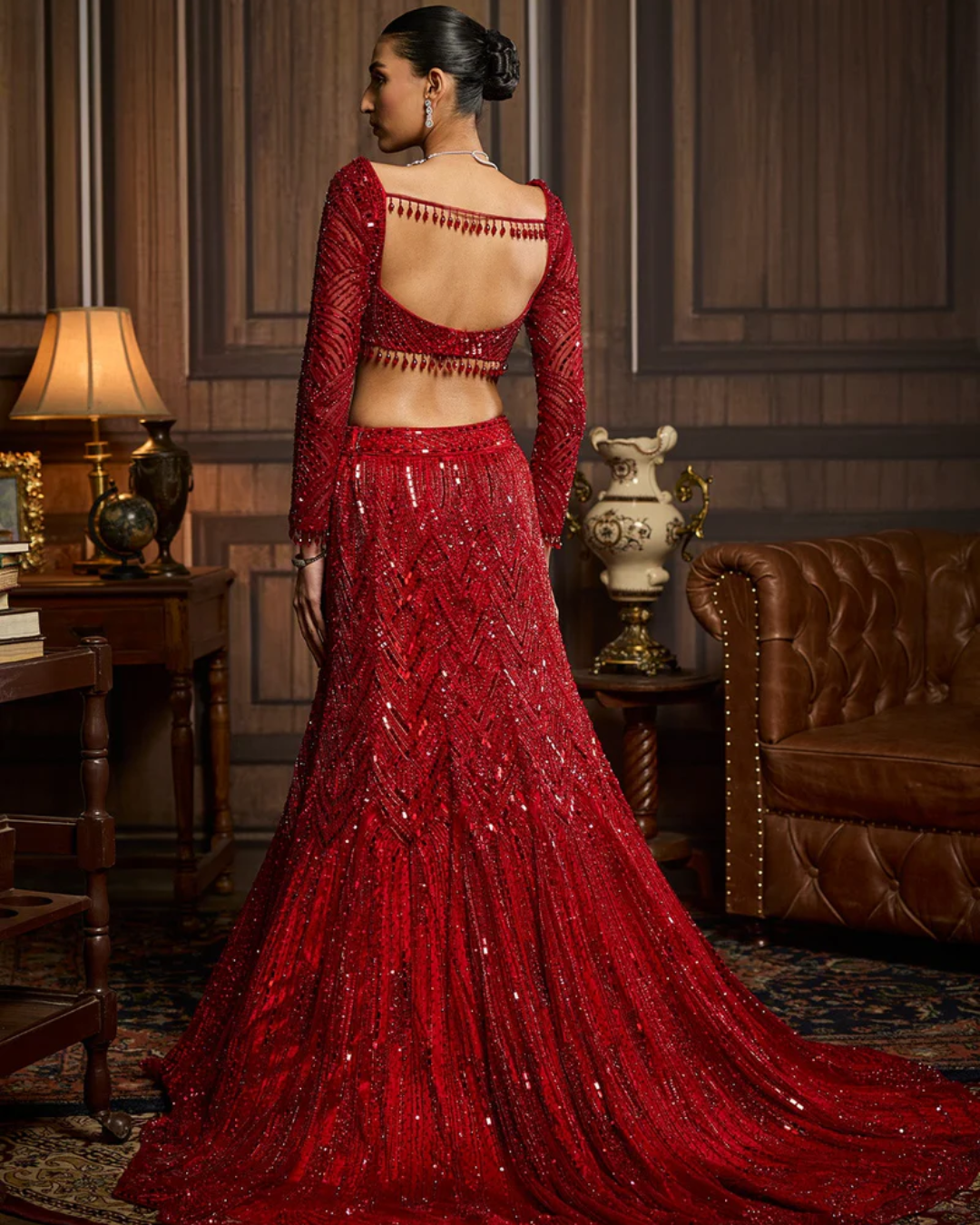 Diya Rajvvir - Vermillion Red Embroidered Mermaid Skirt Set from Taara