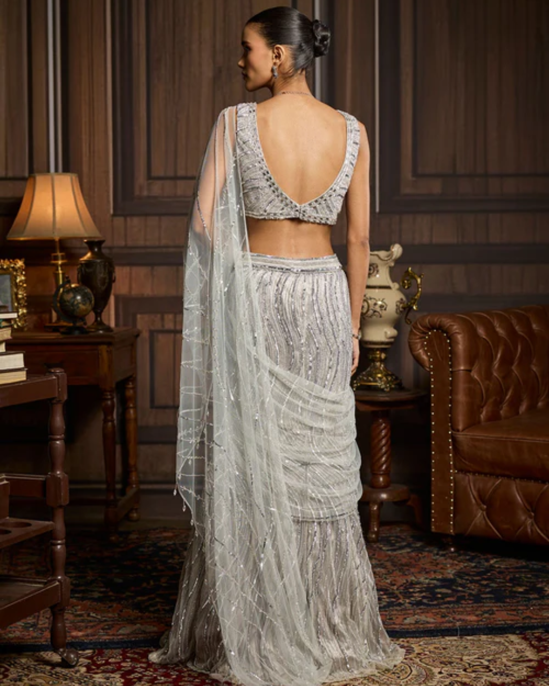 Diya Rajvvir - Silver Embellished Mermaid Skirt Saree Set from Taara