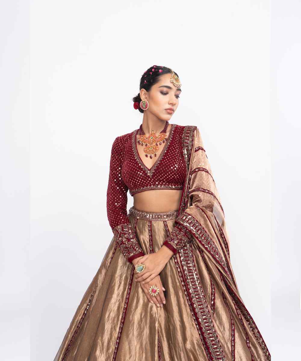 Maroon copper tissue lehenga set