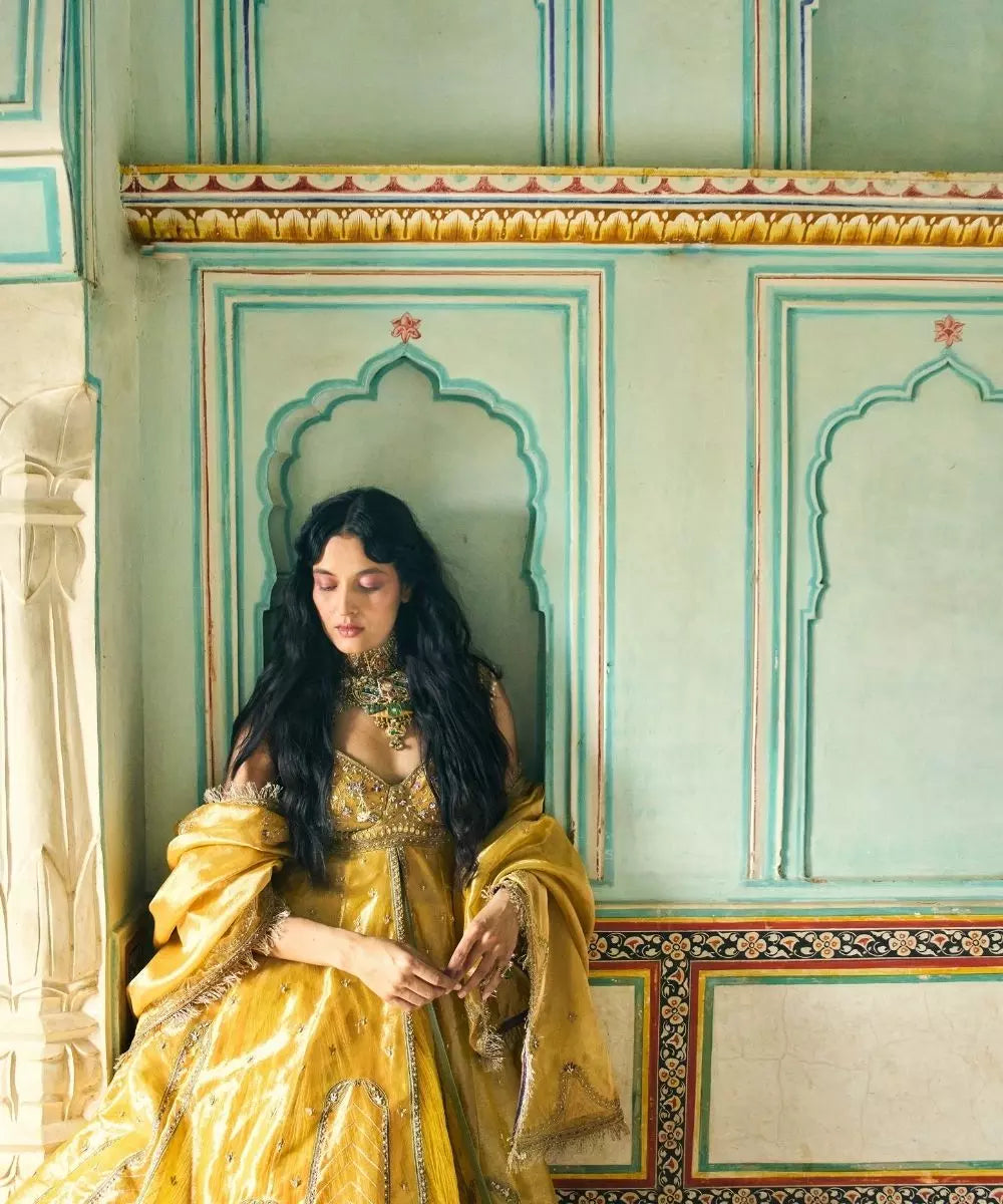 Aditi Gupta - Mustard Yellow pure Zari Tissue Jacket with crushed Silk Skirt Set