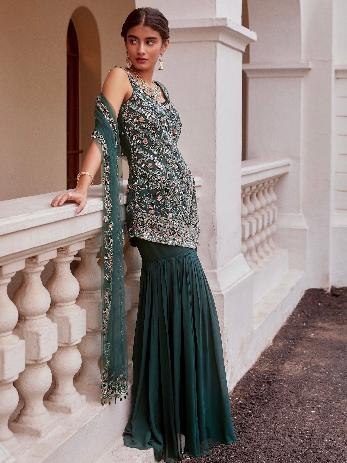 Sanya Gulati - Teal green Short Shirt with Sharara and Dupatta Set from Fizah