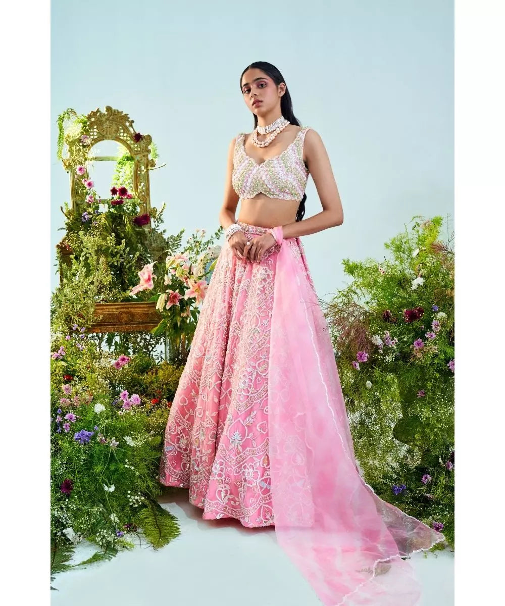 MANI BHATIA - Bubblegum pink embroidered Blouse & Lehenga set