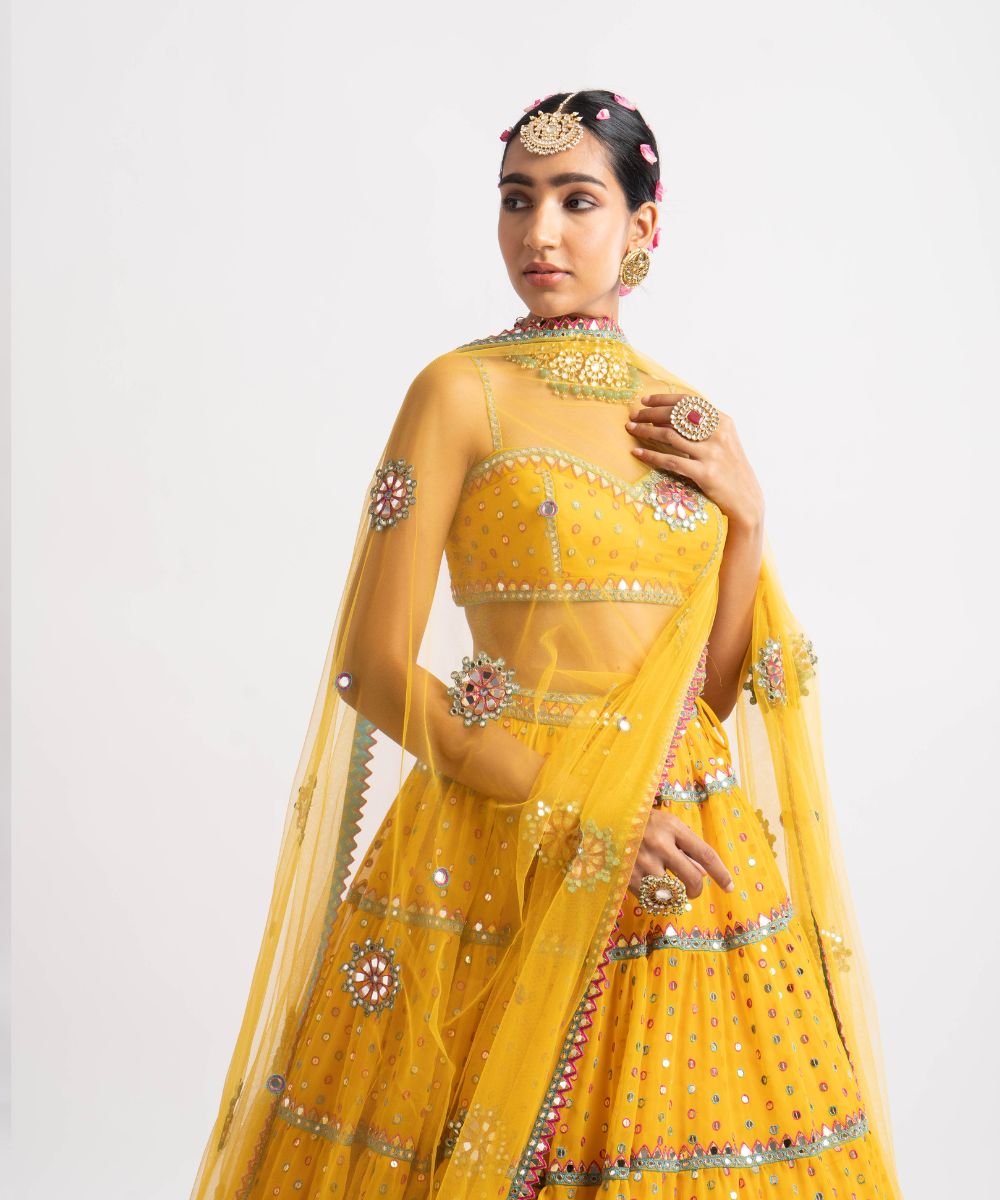 Yellow Noodle Strap Multi Tier Lehenga Set - Collection name Rang by Vvani vats