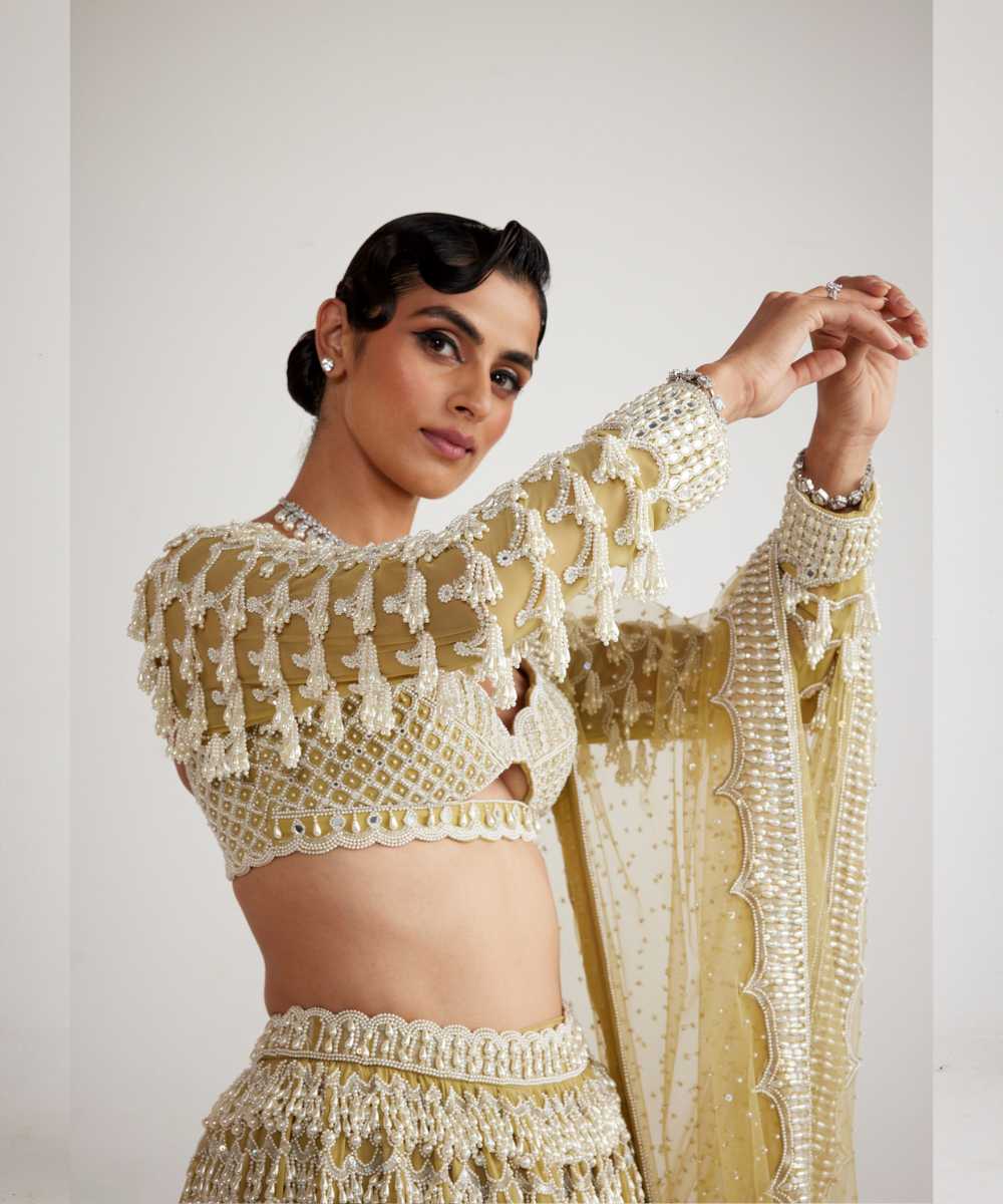 Fern Green Chandelier Pearl Drop Heavy Lehenga Set - Collection name Piroi by Vvani vats