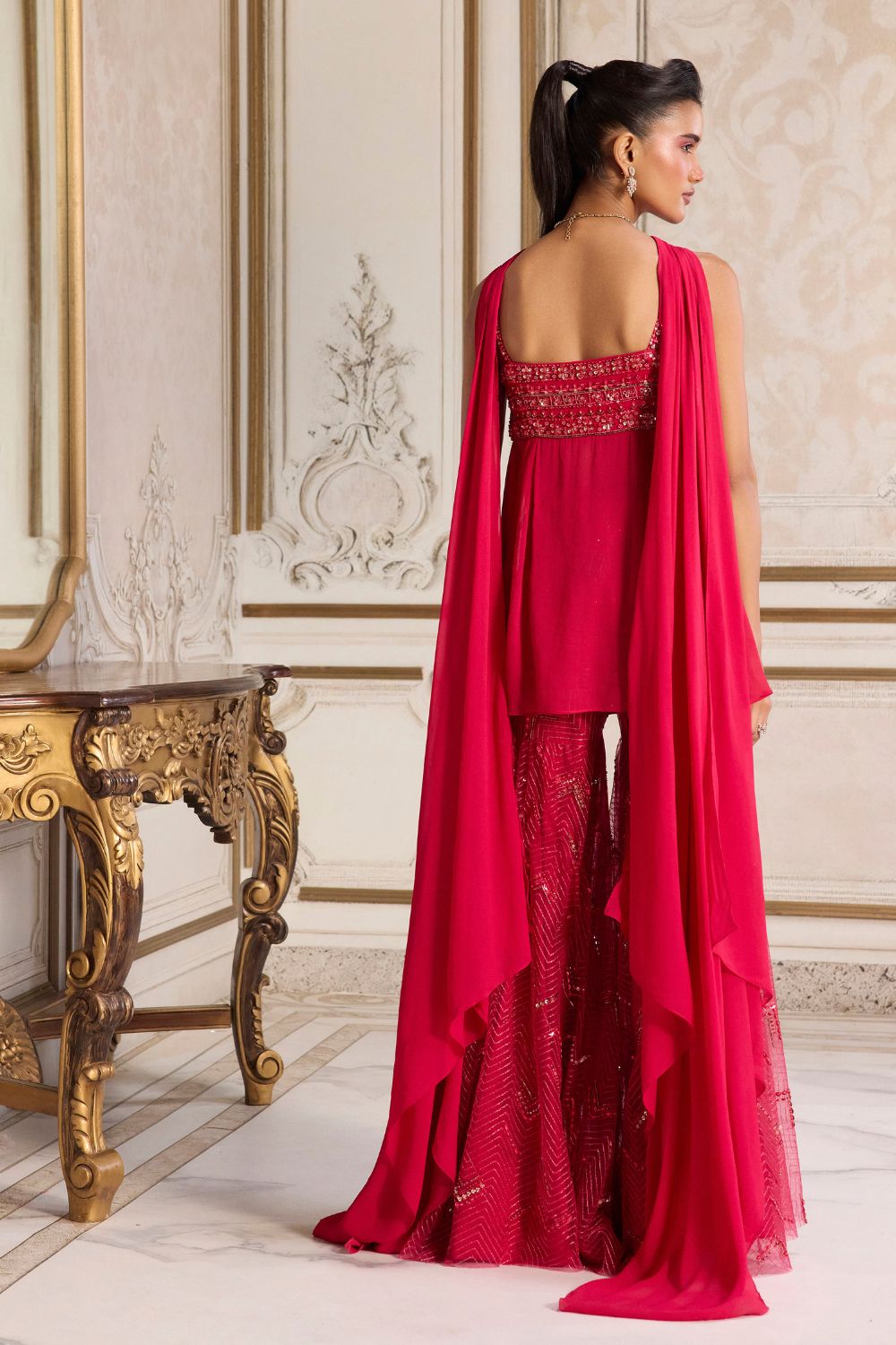 Sanya Gulati - Magenta Flowy Peplum With Sharara Set from Param Sundari