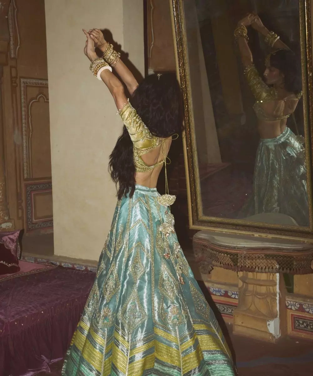 Aditi Gupta - Ice Blue  Silk Zari tissue with Olive Bloom tissue dupatta Lehenga Set