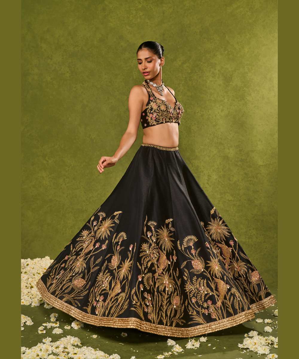 HUDA LEHENGA - Black dupion silk lehenga brought to life with forest-inspired motifs, intricately embroidered in zari, sequence, resham - Leher by Chamee and Palak