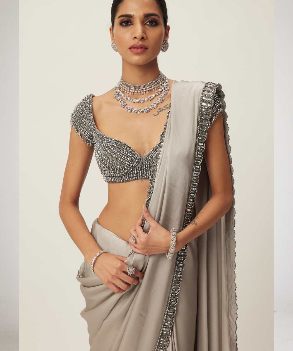 Crystal Grey Satin Saree Set - Collection name Maya by Vvani Vats