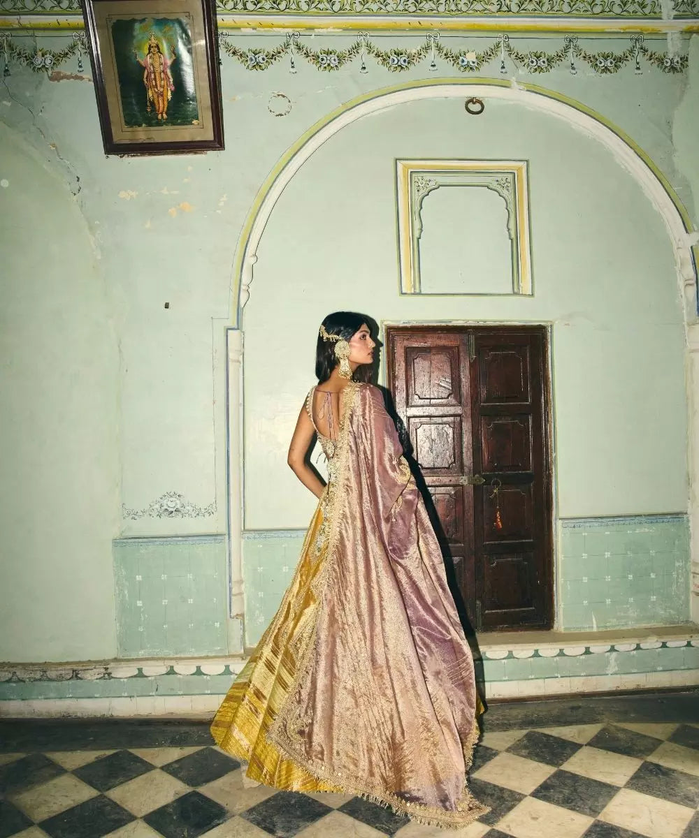Aditi Gupta - Mustard Yellow Zari tissue with Lilac tissue dupatta Lehenga Set
