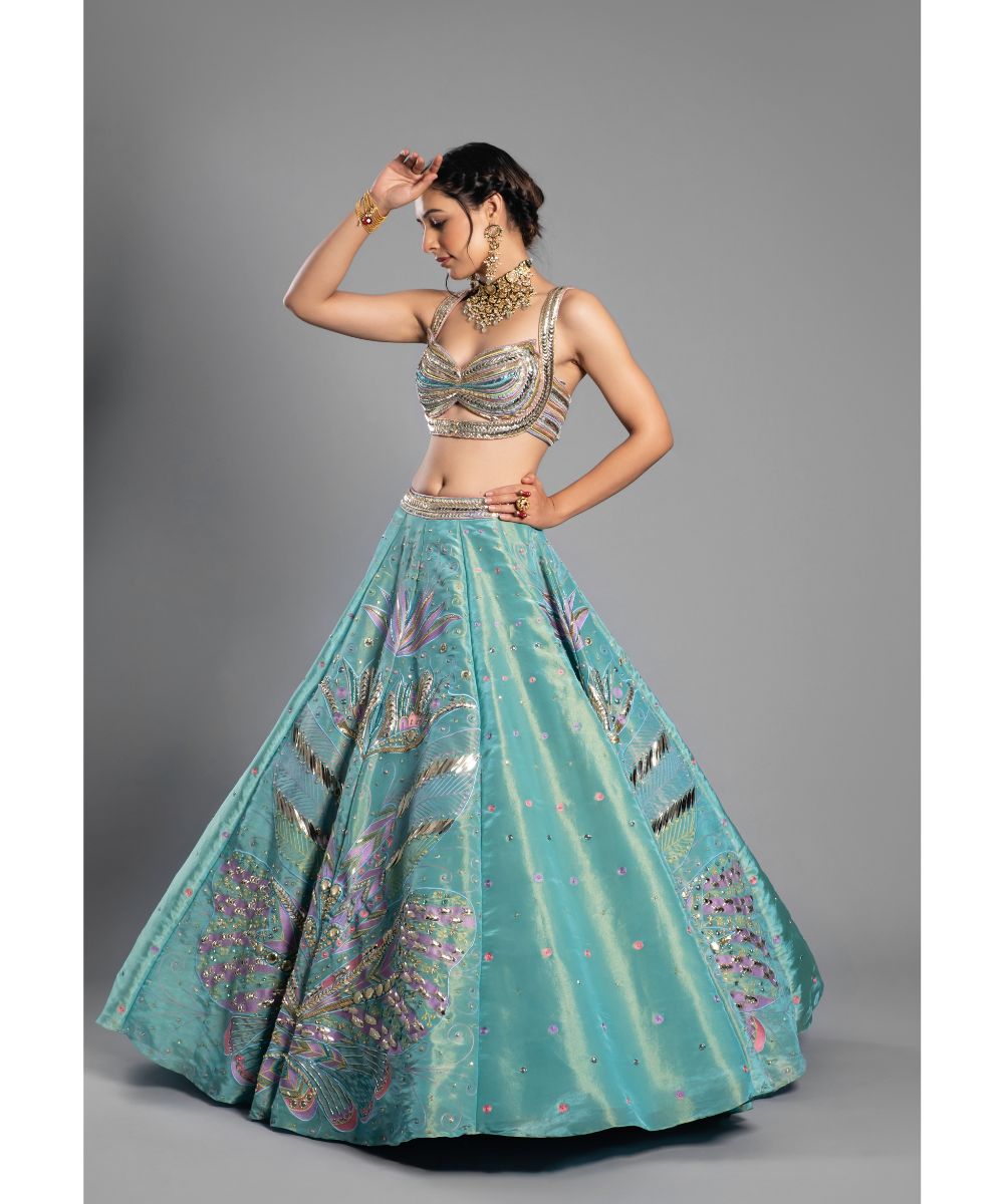 Aqua Silk Tissue Lehenga Draped Blouse