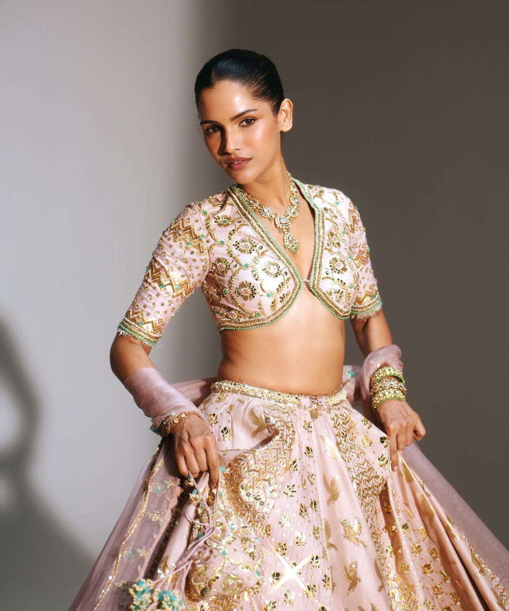 FARIHA - HEAVY HAND EMBROIDERED BLUSH PINK KALI LEHENGA PAIRED WITH OUR SIGNATURE BLOUSE AND MATCHING DUPATTA -