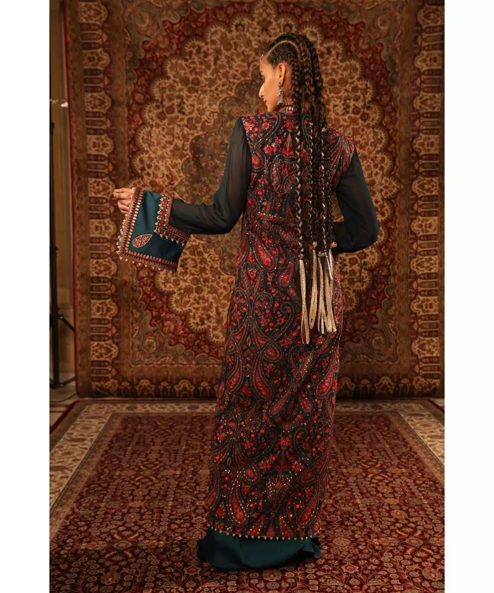 ADITI GUPTA - Teal Blouse Draped Skirt Jamawaar Jacket