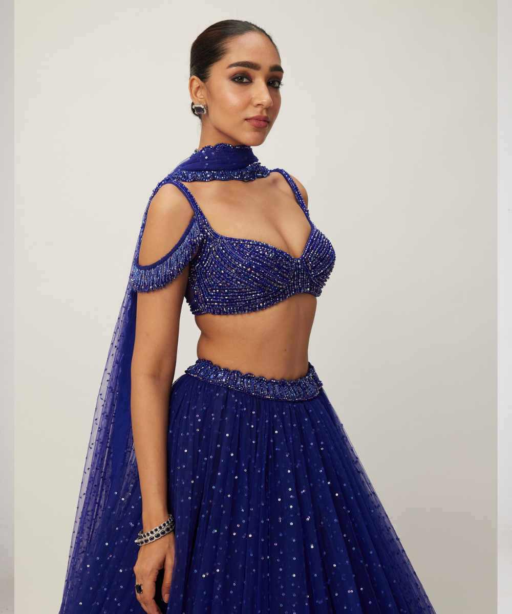 cocktail Blue Sequins Scattered Tulle Lehenga Set -  Collection name Maya by Vvani Vats
