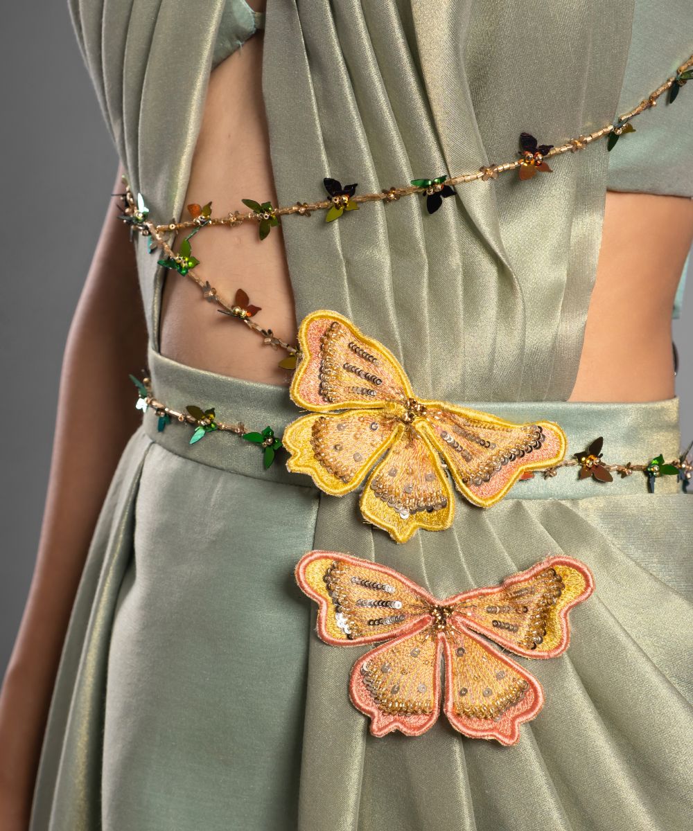 Light green Brocade Dress, Gold handwork Belt
