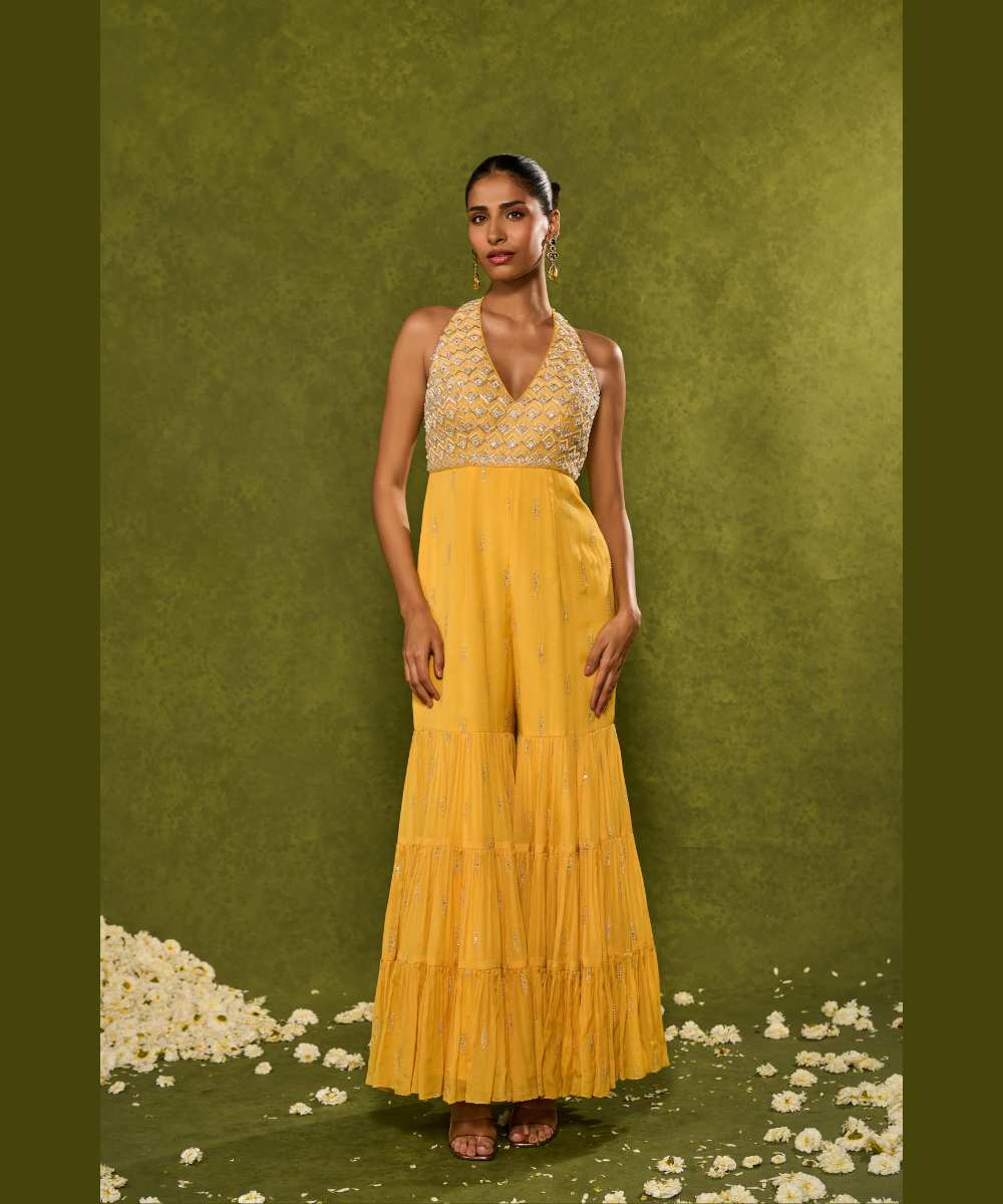 INES JUMPSUIT -  V neck jumpsuit with a flattering soft frill - Leher by Chamee and Palak