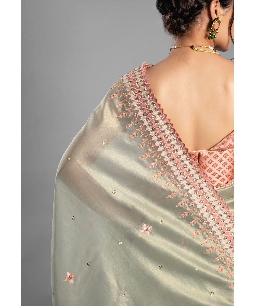 Leaf green Saree with peach Floral Geometric Scallop