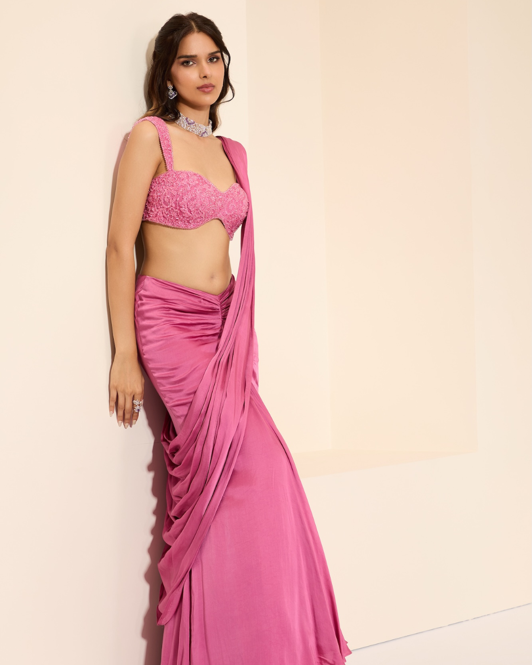 K&A by Karishma and Ashita - Satin Rose Bustier & Drape