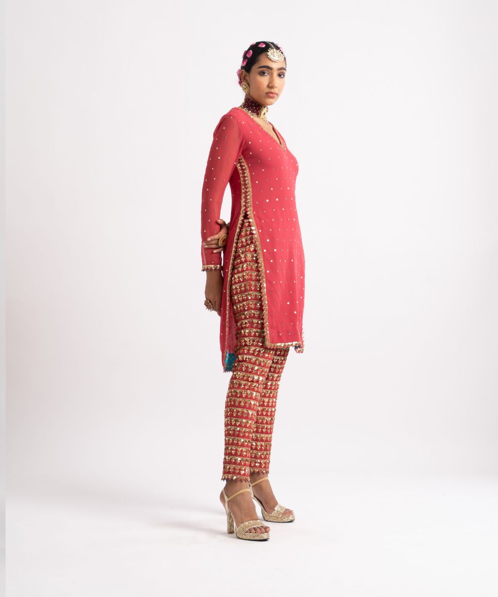 Deep Coral V Neck Heavy Pant Kurta Set - Collection name Rang by  Vvani vats