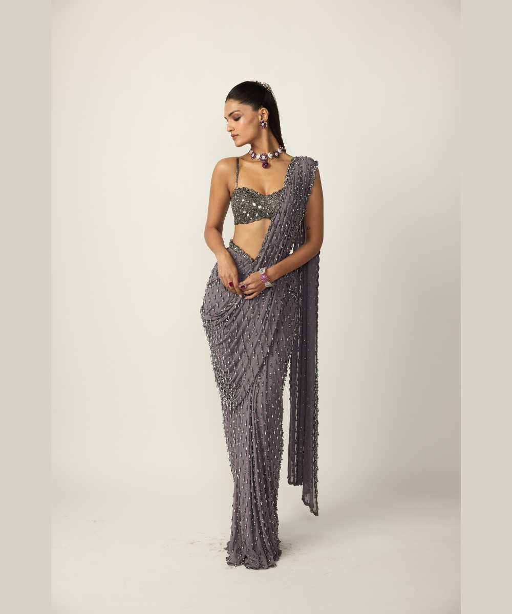 Metallic Grey Single Drop Draped Saree Set