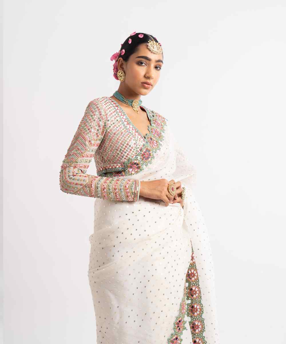 White Hand Cut Mirror Border Saree Set - Collection name Rang by Vvani vats