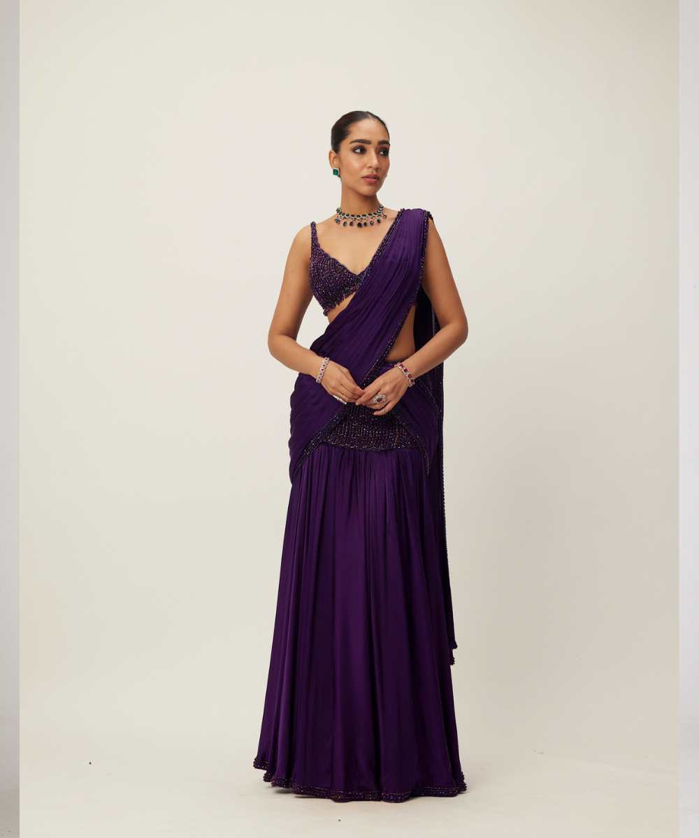Royalty Purple Pre Draped Crystal beaded Saree Set -  Collection name Maya by Vvani Vats