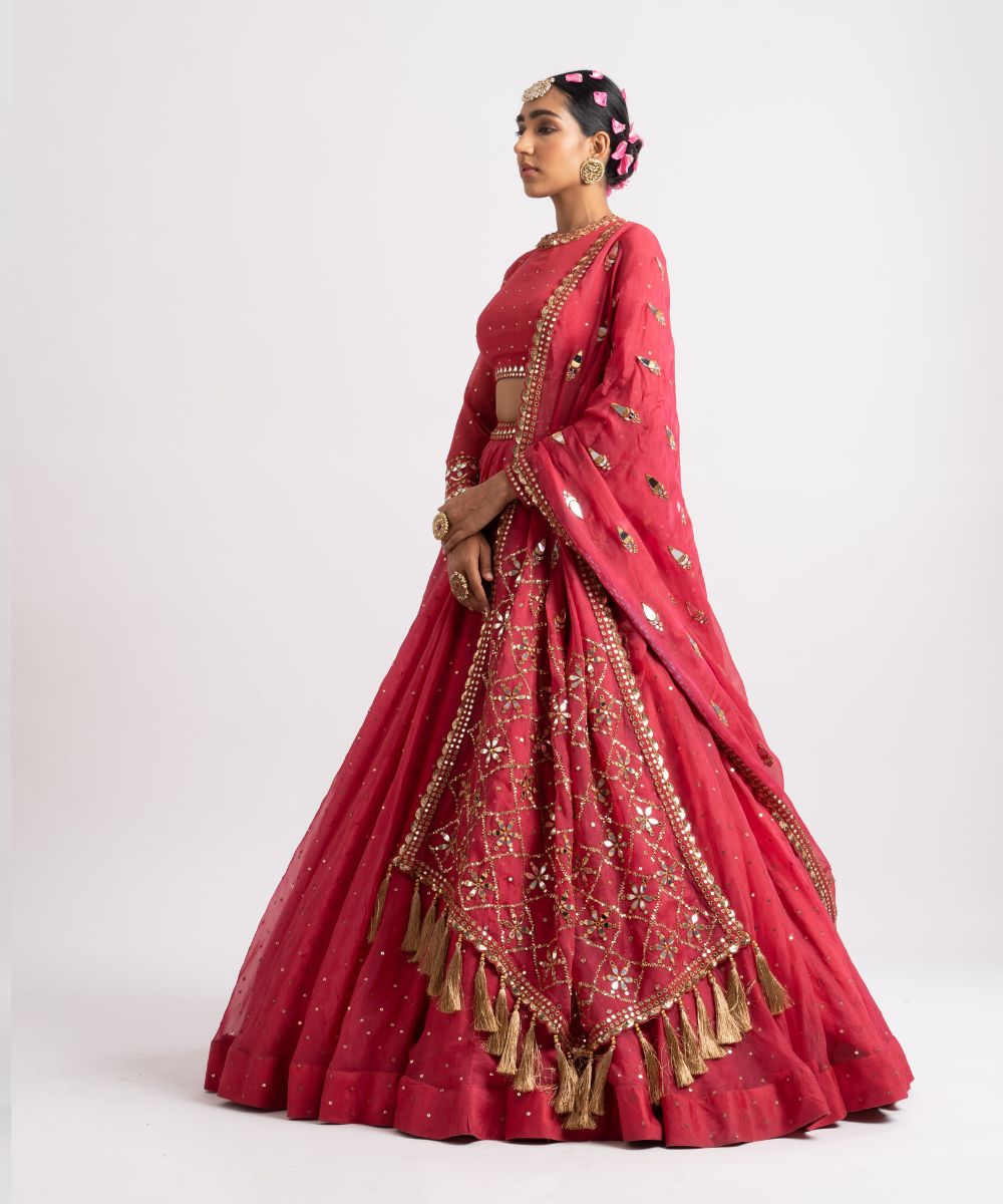 Deep Coral Silk Organza Heavy Dupatta Lehenga Set - Collection name Rang by  Vvani vats