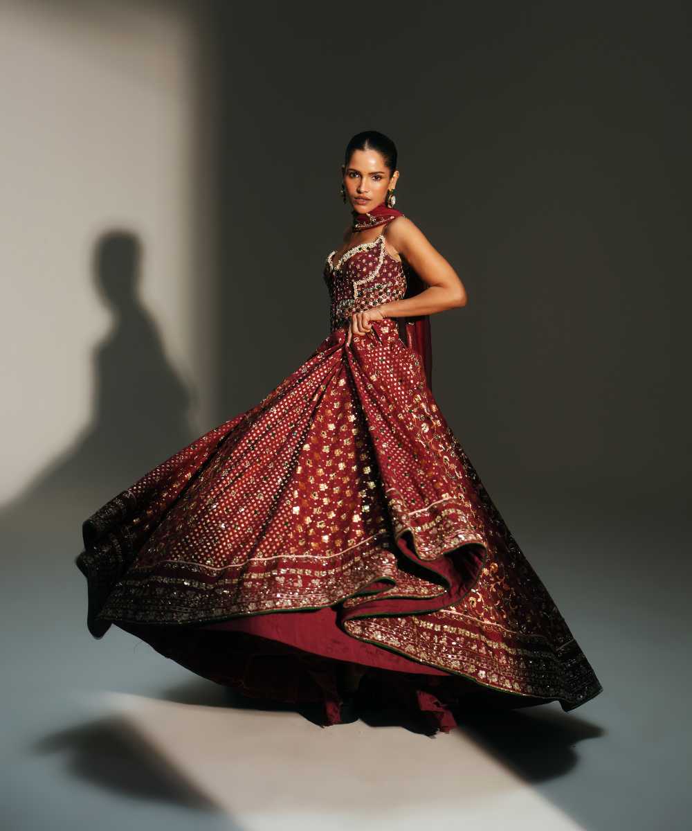 MALA - HEAVY HAND EMBROIDERED KALI LEHENGA WITH CORSET AND DUPATTA - Mehfil by Mahima Mahajan