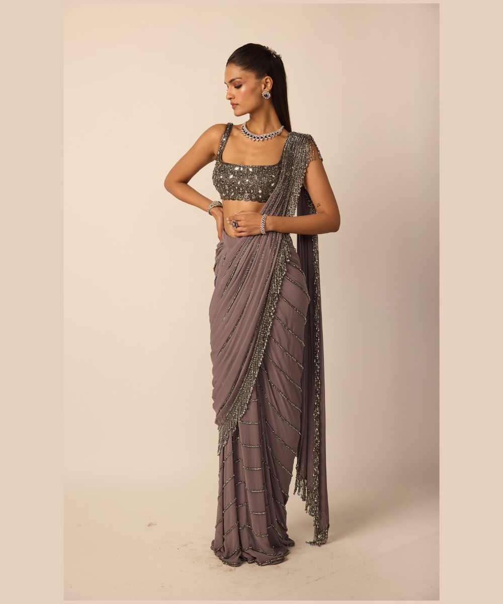 Metallic Grey Linear Draped Saree
