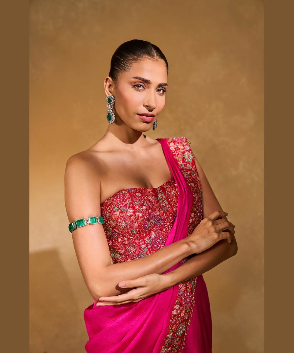 ARYA SAREE - Hot pink soft silk pre-draped saree paired with a red raw silk corset -  Leher by Chamee and Palak