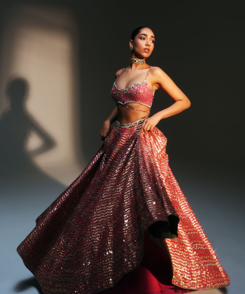 KOMAL- HEAVY HAND EMBROIDERED RANI PINK KALI LEHENGA - Mehfil by Mahima Mahajan