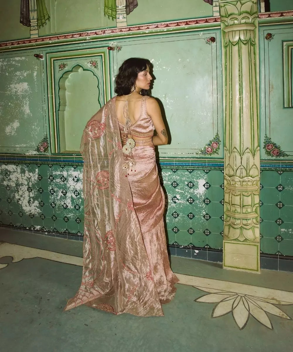 Aditi Gupta - Rose Gold Crushed Silk Saree