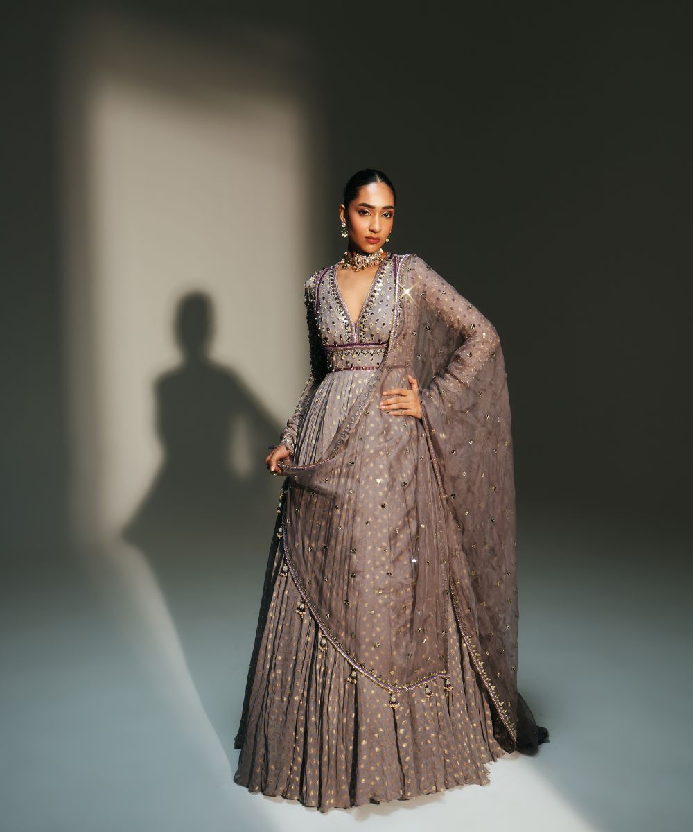 SIDRA - HAND EMBROIDERED FULL SLEEVES ANARKALI PAIRED WITH MATCHING DUPATTA - Mehfil by Mahima Mahajan