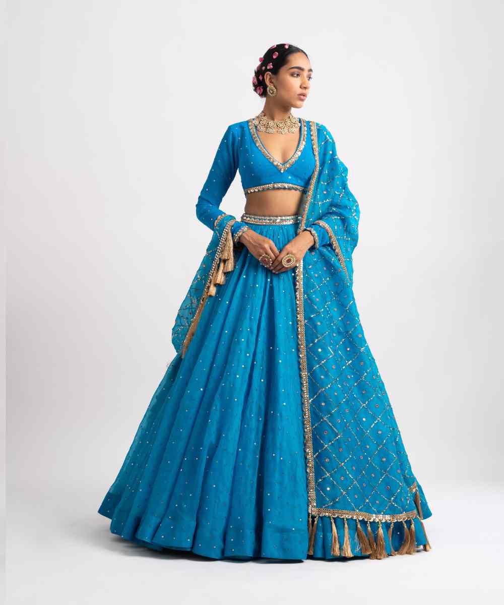 Firozi Silk Organza Heavy Dupatta Lehenga Set - Collection name Rang by Vvani vats