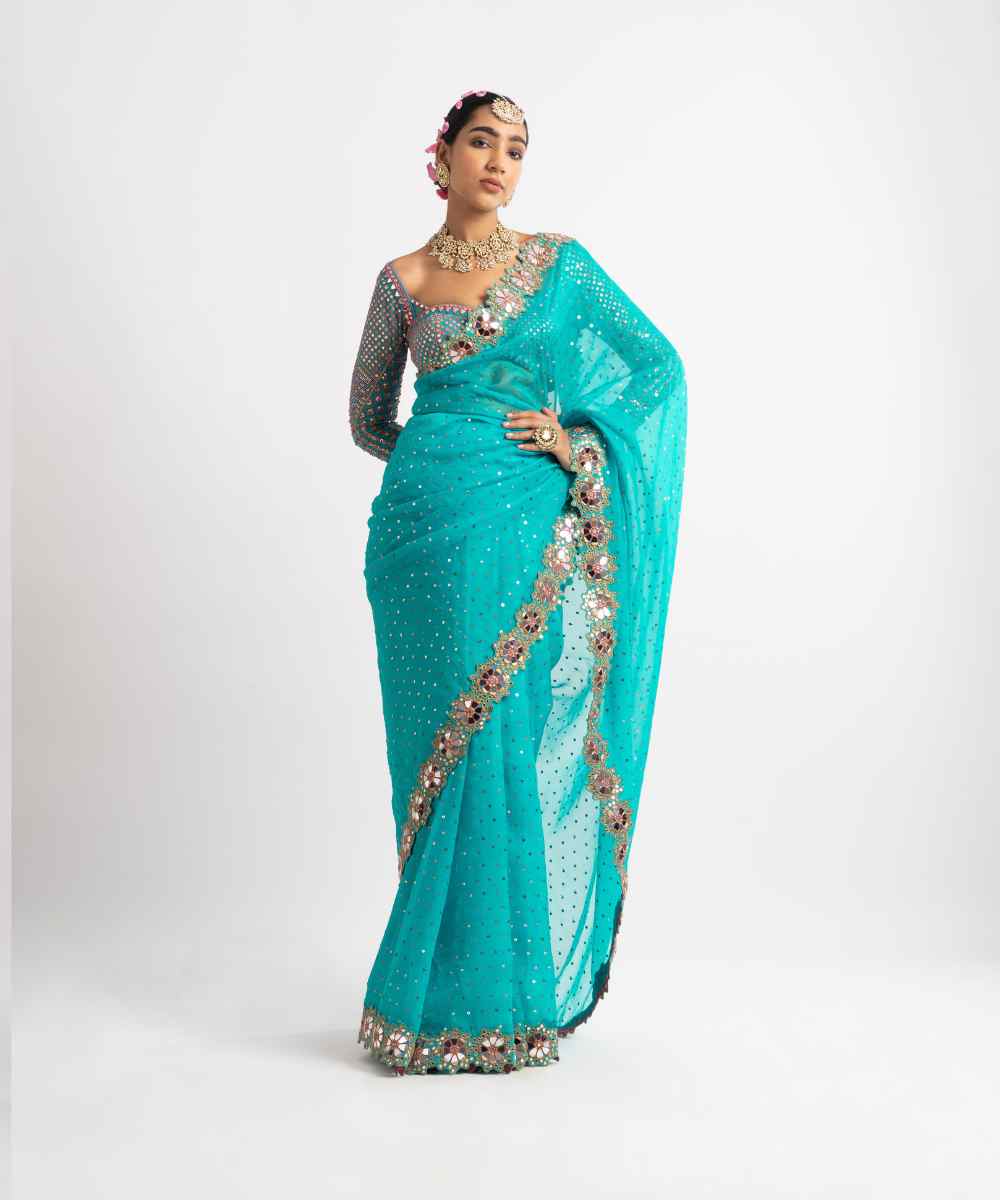 Peacock Green Hand Cut Mirror Border Saree Set - Collection name Rang by Vvani vats