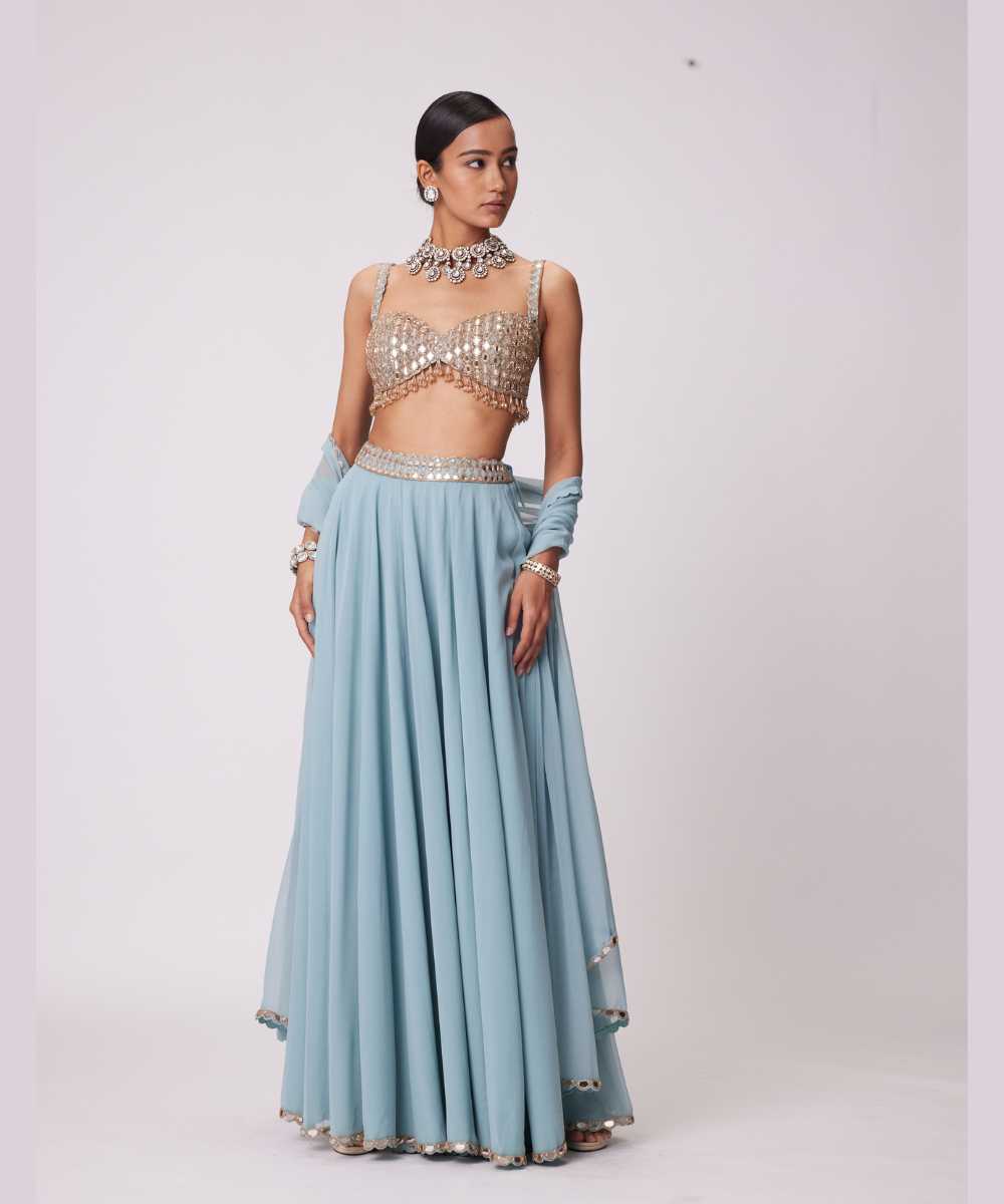 POWDER BLUE MIRROR EMBROIDERED LEHENGA PANTS SET - Collection name Jugmug Bride by Vvani Vats
