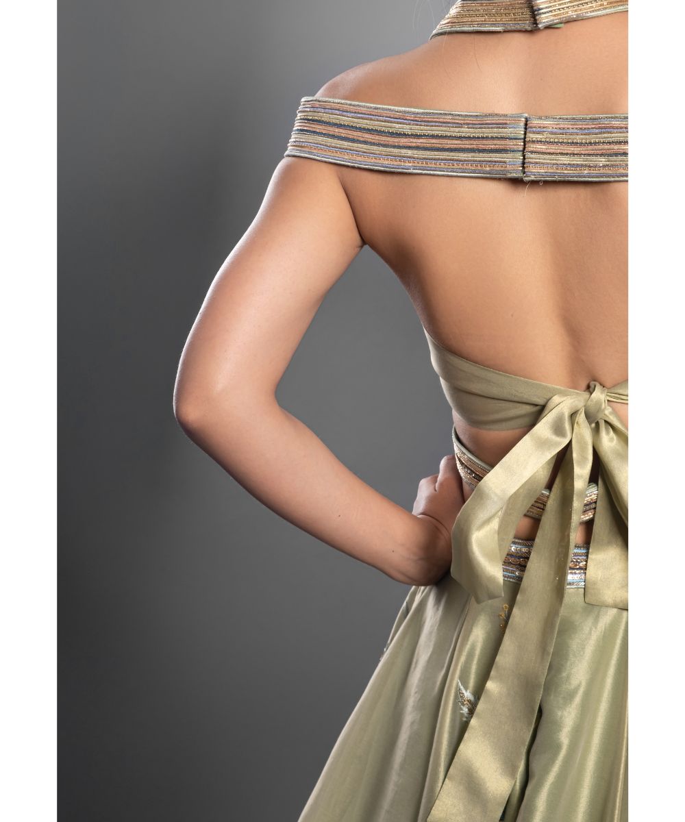 Leaf green tissue Lehenga with a Draped Halter Blouse