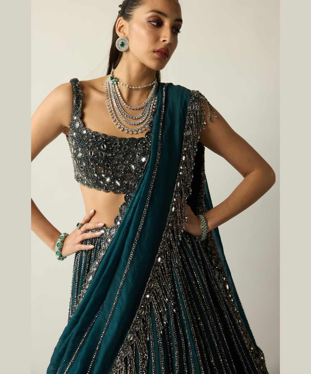 Dark Teal Linear Lehenga Set